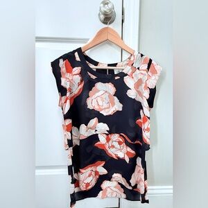 CAbi Navy and Orange Floral Blouse